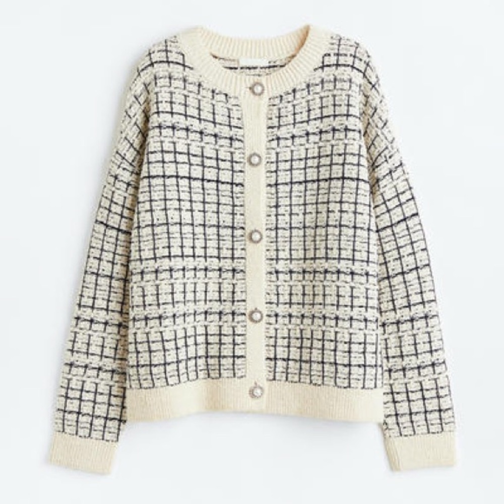 H&M Jacquard-knit Cardigan, Cream/Navy with pearl buttons, S